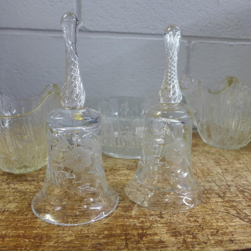 804 - Two high sided glass bowls, another bowl and two crystal bells