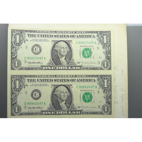 893 - A sheet of four US one dollar banknotes, uncut