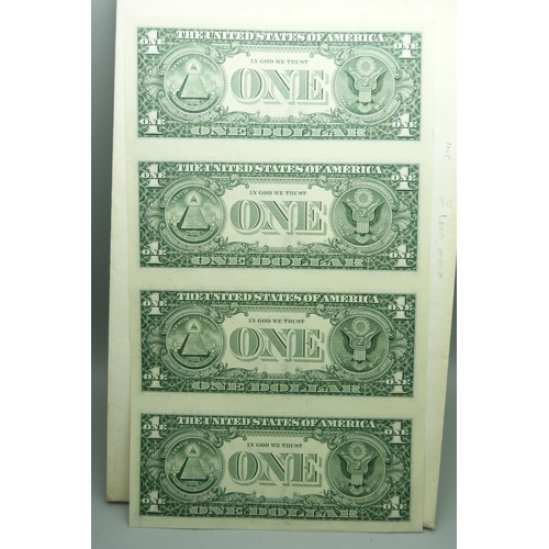 893 - A sheet of four US one dollar banknotes, uncut