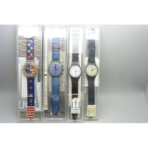 908 - Four boxed Swatch wristwatches