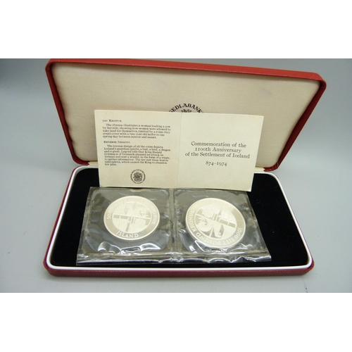 938 - Two silver coins; commemoration of the 1100th Anniversary of The Settlement of Iceland, 874-1974, 51... 