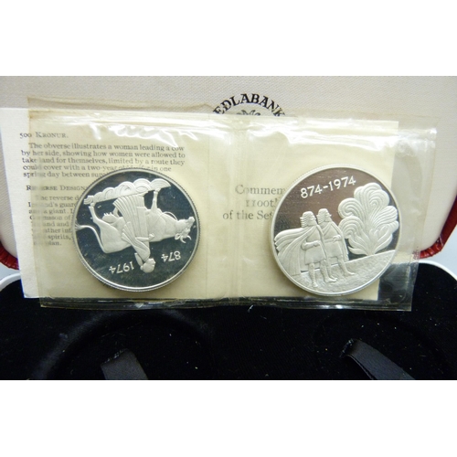 938 - Two silver coins; commemoration of the 1100th Anniversary of The Settlement of Iceland, 874-1974, 51... 