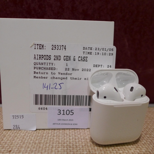 3105 - Airpods (2nd Gen) & Case (model:- MV7N2ZM/A), original RRP £104.99 + VAT (284-204) * This lot is sub... 