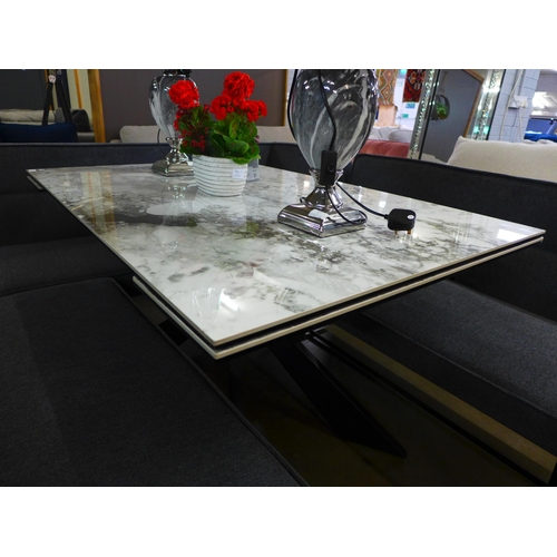 1371 - A Kos 130-180cm white marble effect ceramic extending dining table with a grey corner bench set