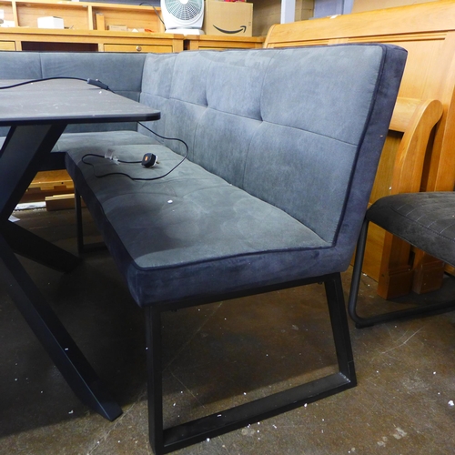 1515 - A Creed small black ceramic dining table with a corner bench set, slit on low bench