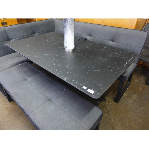 1515 - A Creed small black ceramic dining table with a corner bench set, slit on low bench