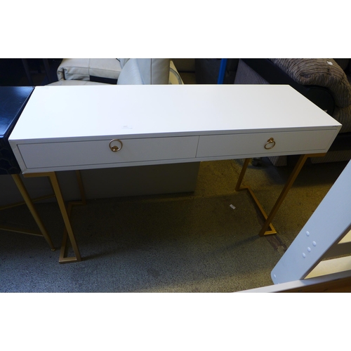 1647 - A white two drawer console table with gold legs, damaged