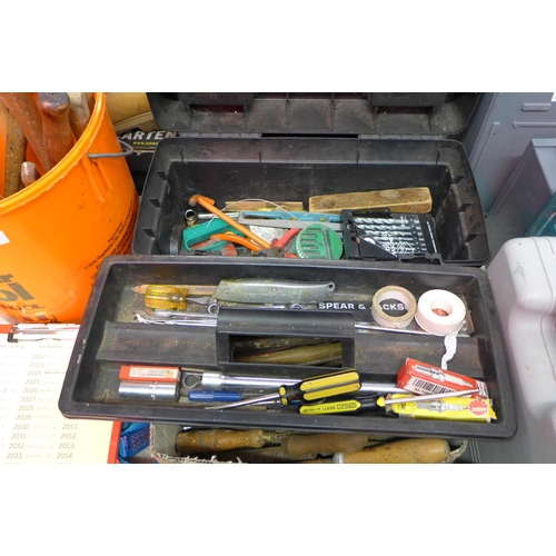 2043 - Qty. of hand tools in tool box: screwdrivers, pliers, drill bit set and more