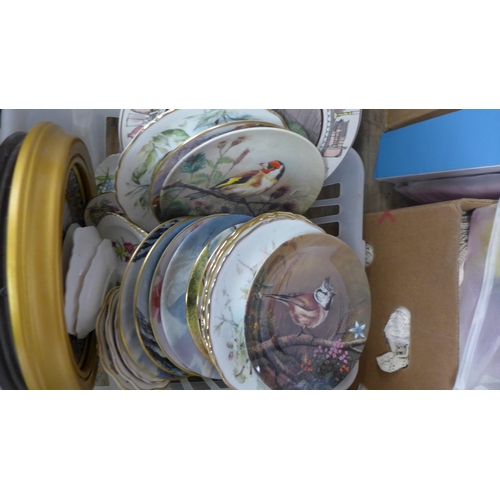 2098 - 5 boxes, 60 items, of plates and glassware: vases, decanters, dishes, glasses, decorative plates, et... 