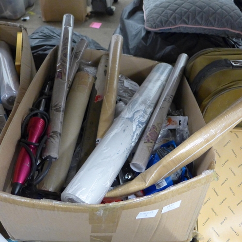 2132 - 4 boxes of housewares including wallpaper, hair straighteners, picture frames, greetings cards, etc.