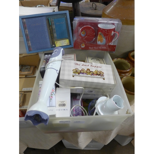 2145 - Box of household handkerchiefs, hand blender, cup set and two boxed china cups