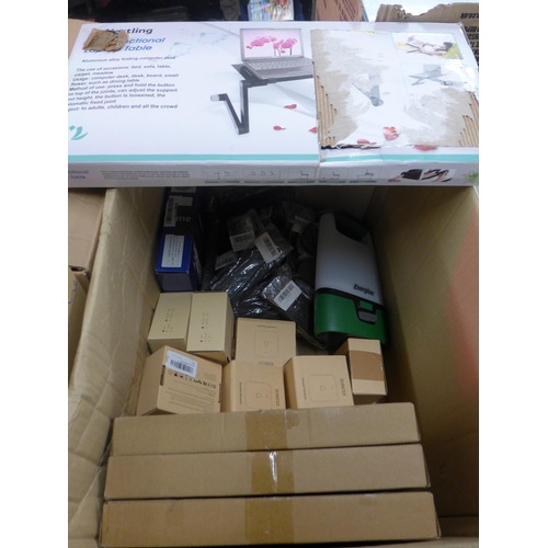 2154 - 3 Boxes of misc. inc. wireless earphones, doorbell receiver, phone cases, etc.