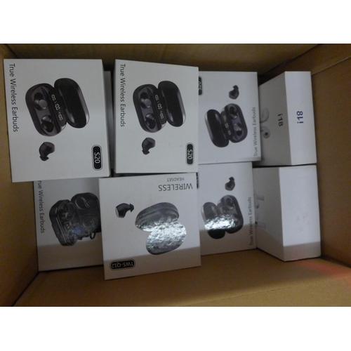 2154 - 3 Boxes of misc. inc. wireless earphones, doorbell receiver, phone cases, etc.