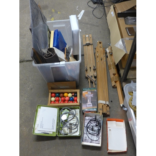 2196 - Box of misc and painting items; easel, pictures, box of pool balls, etc.