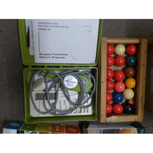 2196 - Box of misc and painting items; easel, pictures, box of pool balls, etc.