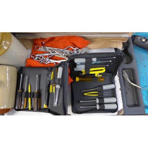 2219 - Box of assorted handtools: two computer repair kits and a quantity of mixed ring spanners