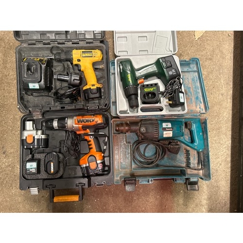 2042 - Four mixed drills bundle: DeWalt cordless drill with battery and charger; makita 240v breaker drill;... 