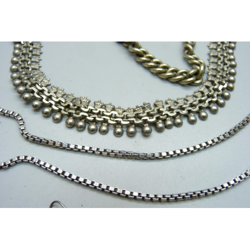 1005 - A Victorian collar, a silver box chain, a silver necklace, two pairs of earrings, an Albert chain an... 