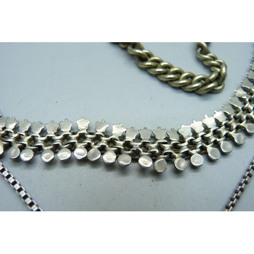 1005 - A Victorian collar, a silver box chain, a silver necklace, two pairs of earrings, an Albert chain an... 