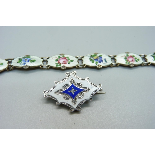 1011 - A Norway Ivor Holth sterling silver and enamel bracelet, 18cm, and an enamel brooch