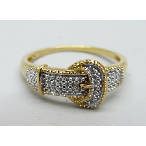 1026 - A silver gilt and diamond set buckle ring, R