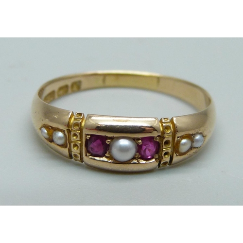 1048 - A Victorian 15ct gold, ruby and pearl ring, Birmingham 1892, 2.7g, Q