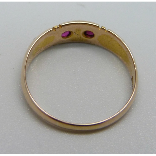 1048 - A Victorian 15ct gold, ruby and pearl ring, Birmingham 1892, 2.7g, Q