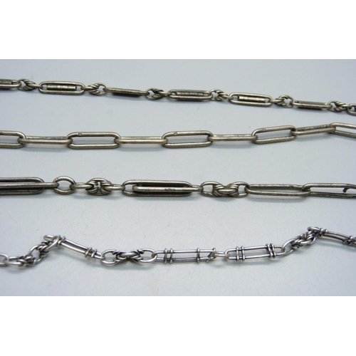 1075 - Four silver chains, lacking T-bars and clips, 93g