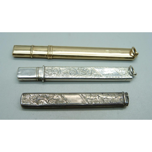 1078 - A 9ct gold pencil holder, 5.8g, a silver pencil holder and a silver handle