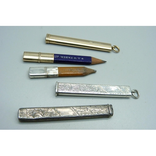 1078 - A 9ct gold pencil holder, 5.8g, a silver pencil holder and a silver handle