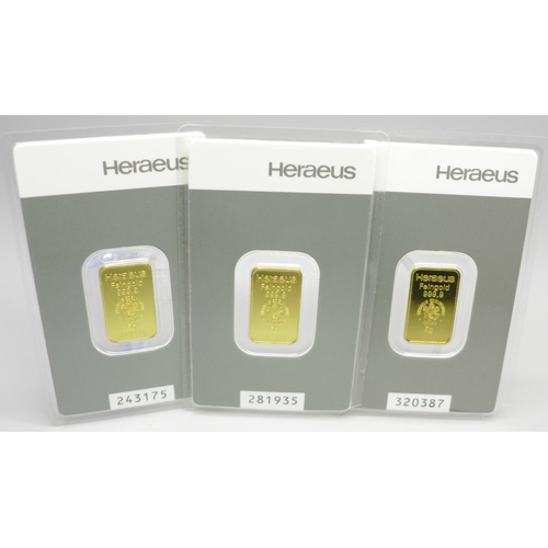 1089 - Three 5g 999.9 fine gold ingots