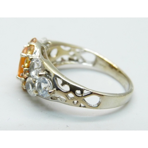 1119 - A silver gilt, fire opal, citrine and zircon cluster ring, S