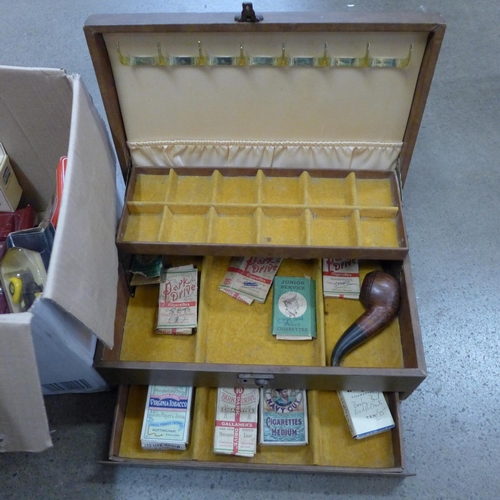 1200 - A box of model vehicles and a jewellery box with old cigarette packets and a pipe **PLEASE NOTE THIS... 