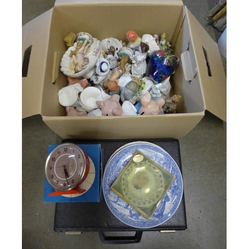 1206 - A box of mixed china, Hummel figures, Wade Nat West pigs, clocks and cassette tapes **PLEASE NOTE TH... 