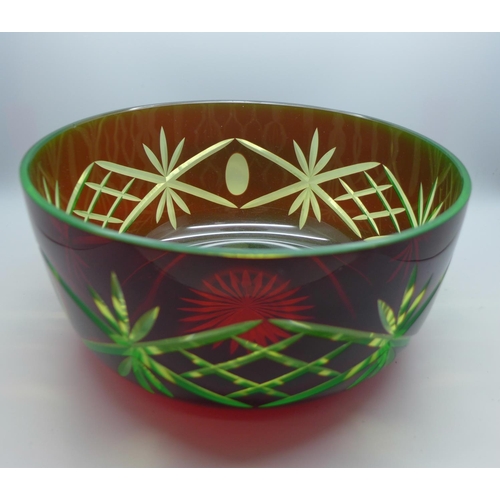 607 - A uranium and ruby cut glass bowl, 23cm diameter