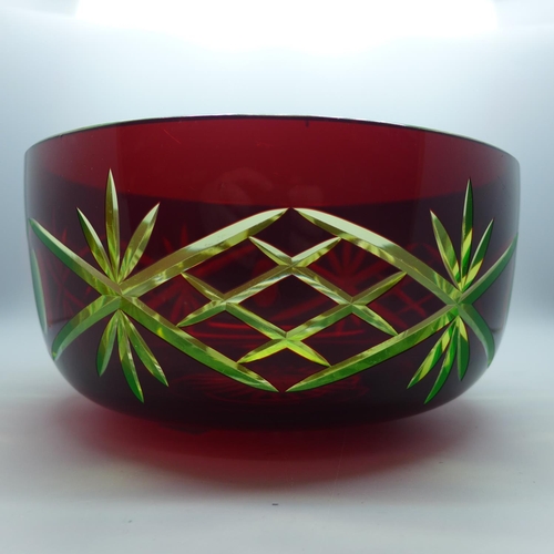 607 - A uranium and ruby cut glass bowl, 23cm diameter