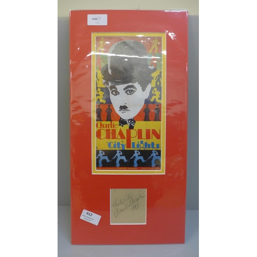 612 - A Charlie Chaplin autographed display, dated 1943