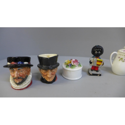 622 - Two 'Sooty' egg cups, miniature Royal Doulton tankards, etc.