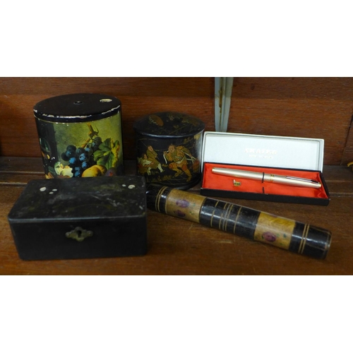 630 - A collection of lacquerware and a Japanese Skater ink pen