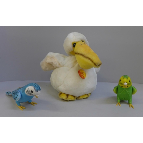 664 - Two rare Steiff budgerigars and Steiff Peli pelican