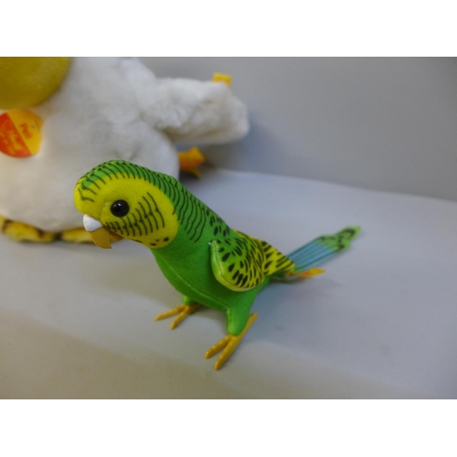 664 - Two rare Steiff budgerigars and Steiff Peli pelican