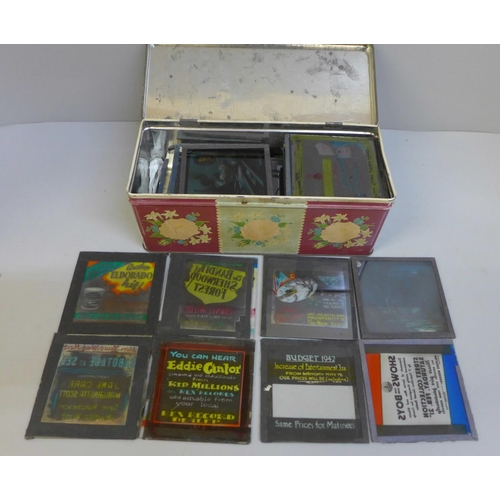 674 - Lantern slides:- tin of sixty cinema lantern slides from the 1940's, appears to be from Leicester ar... 