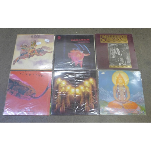 695 - Six LP records, Budgie, Black Sabbath, Alice Cooper, Quintessence, etc.