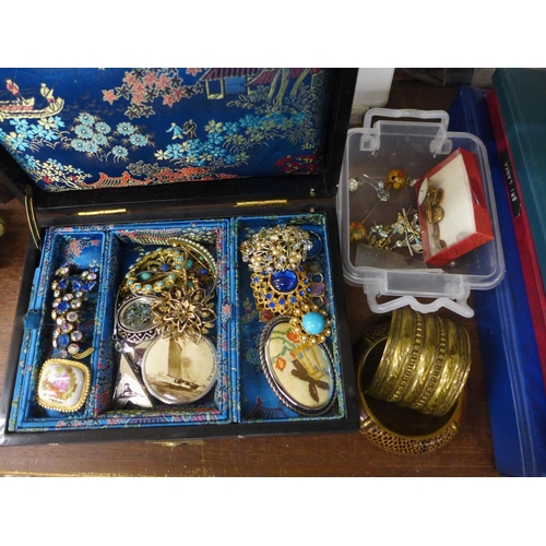 716 - A collection of vintage costume jewellery with some silver earrings in a musical lacquered box