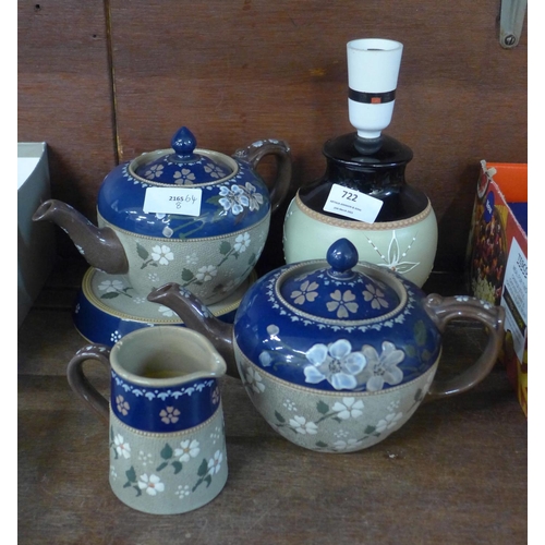 722 - Langley Pottery Princess Ware stoneware including two tea pots and a Denby Pottery table lamp base