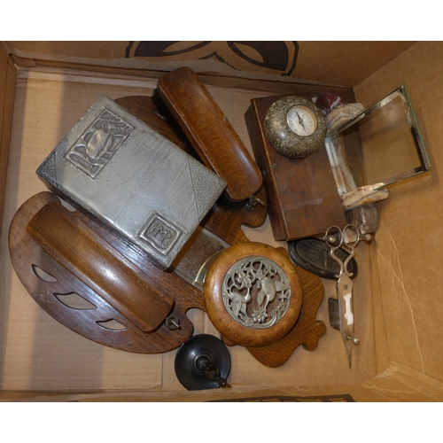 737 - An oak hall tidy, a compass paperweight, a pair of candle snuffers, balance scales, a photograph fra... 