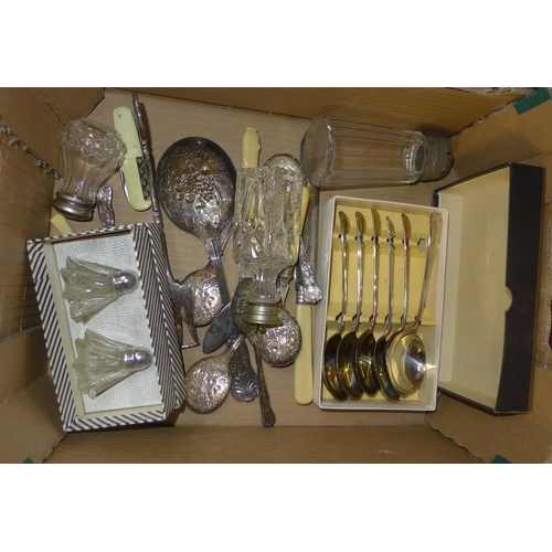 744 - A collection of plated cutlery, glass jars, etc.