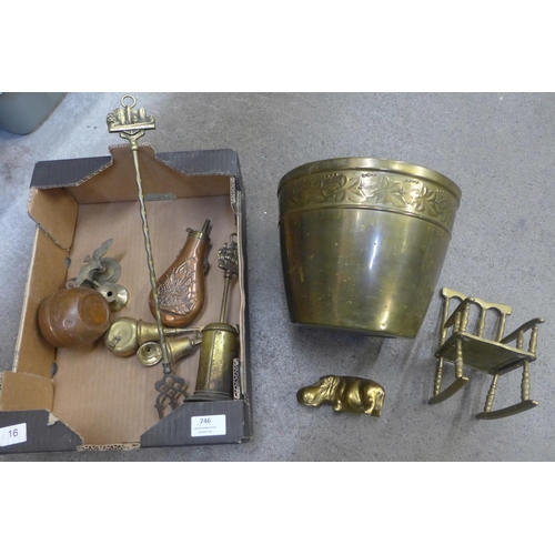 746 - A copper shot flask and other copper and brassware