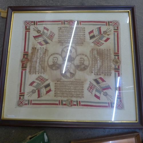 749 - A framed military/war related handkerchief, a military issue telescope, framed uniform buttons, pict... 