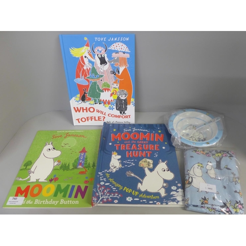 760 - Moomin books, apron and cereal set, some made in Finland